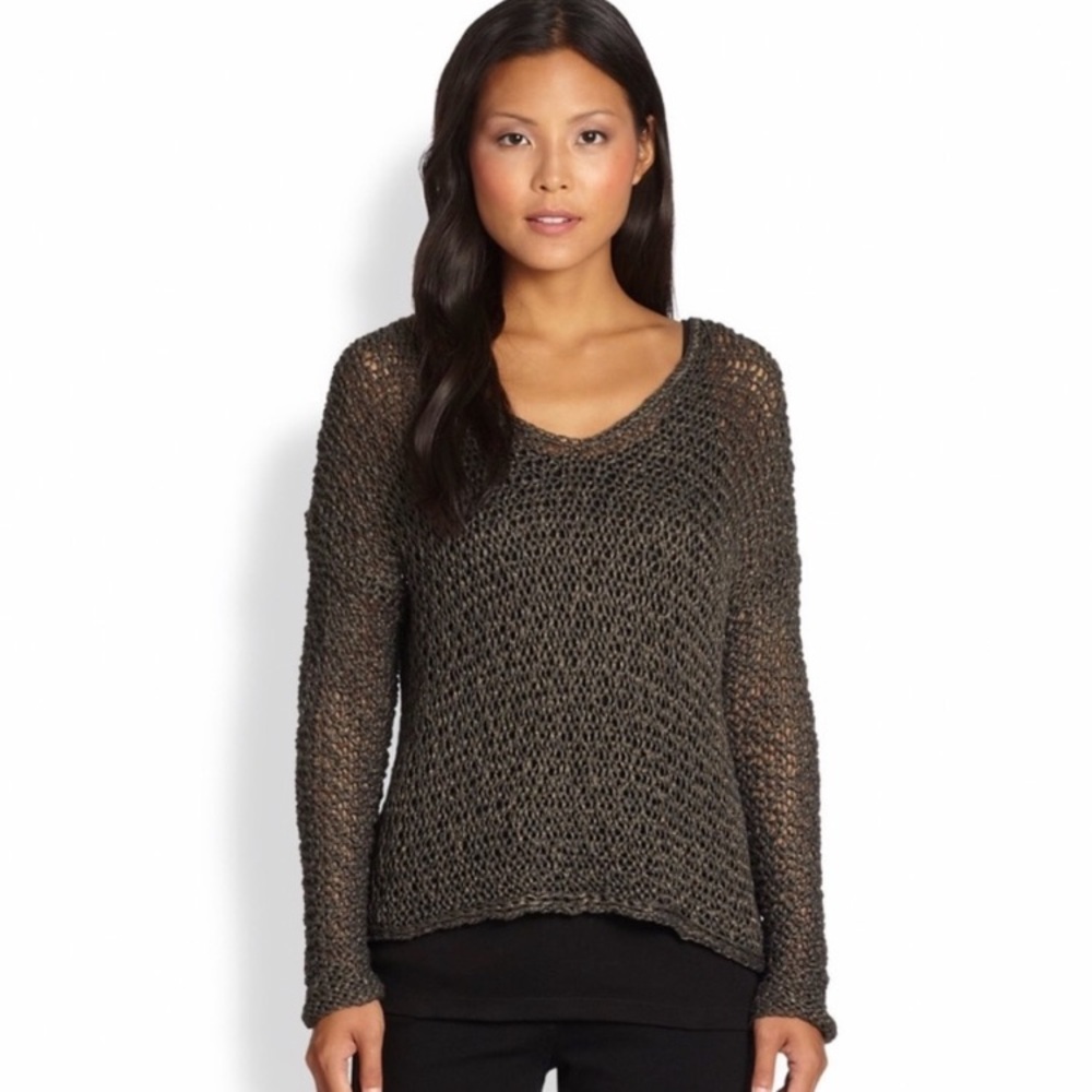 Eileen Fisher Bronze Metallic Open Knit Weave V-Neck Pullover Boxy Sweater Top